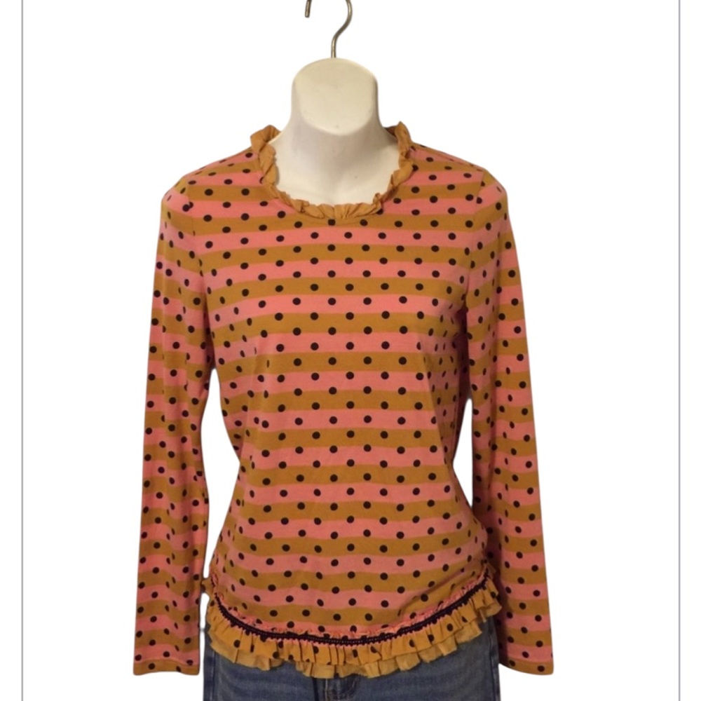 Ochirly Women’s Pink Gold Striped Polka Dot Ruffle Soft Long Sleeve T Shirt S